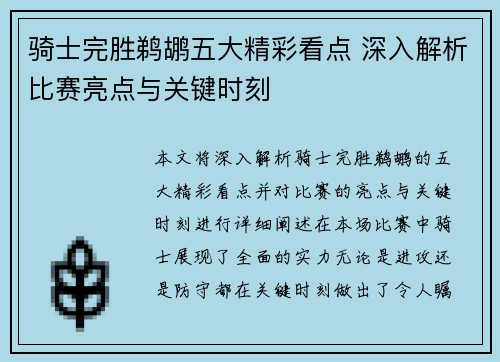 骑士完胜鹈鹕五大精彩看点 深入解析比赛亮点与关键时刻